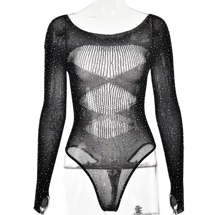Body en résille transparent pour femmes, tricot ajouré, manches longues, strass, maille, tenues de b