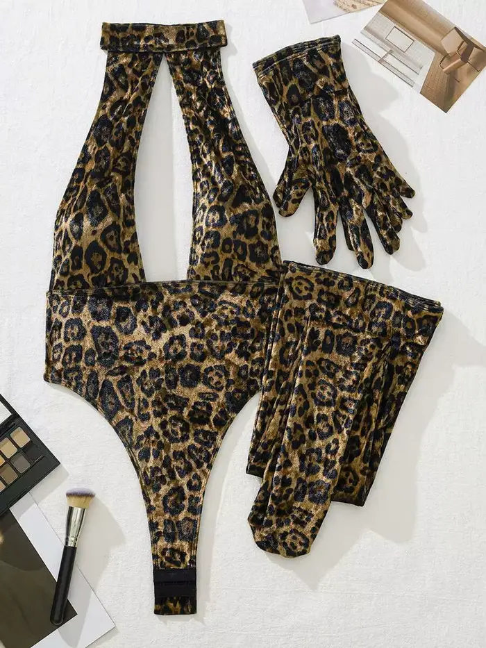 Leopard tlač body pre ženy, s rukavicami, legíny, prelamované, bez chrbta, hlboké V popruhy, bez rukávov, očarujúce, jemné, 3X4C