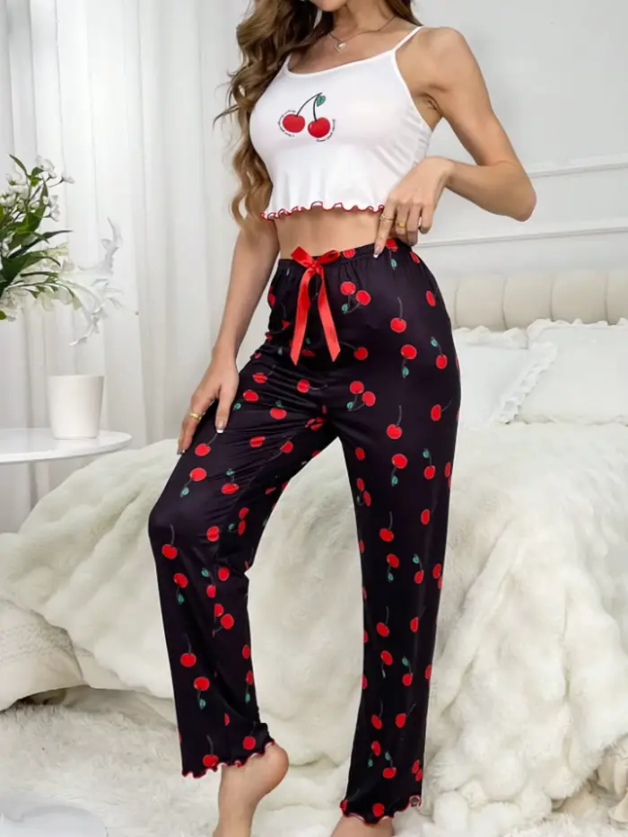 Y2K Coquette Cherry Tlač pyžamá Set Ženy Cami vysoké krátke nohavice dva kusy nočné oblečenie ležérne oblečenie Letné jarné jesenné oblečenie