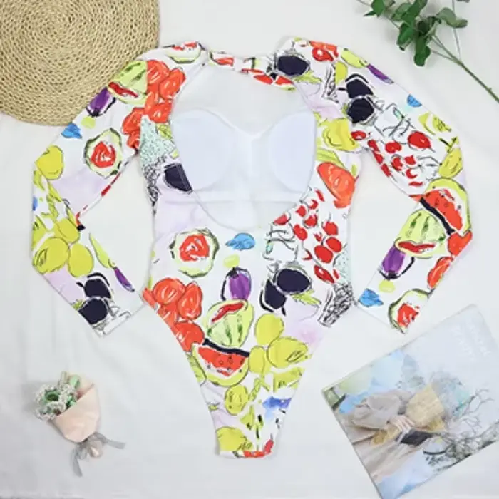 Maillot de bain une pièce sexy 2026 pour femme, manches longues, dos nu, imprimé légumes et fruits, 