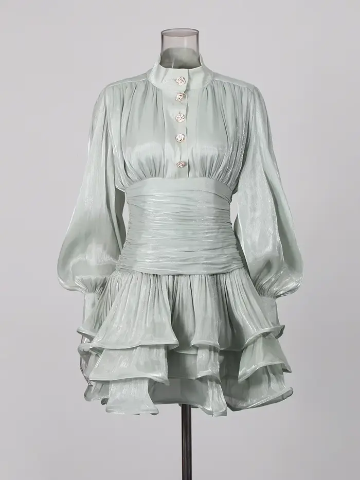 TWOTWINSTYLE élégant minceur épissé volants plis Mini robes pour les femmes col montant manches long