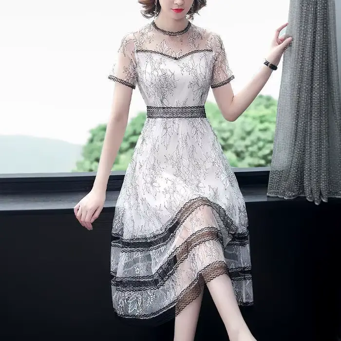 Nouvelle Robe d'été 2026 de Luxe Française Style Vintage Célébrité, en Dentelle et Broderie Chinoise