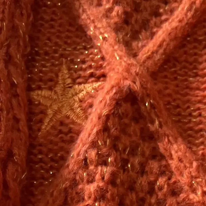 Cardigan TS scintillant pour femmes, pull en tricot épais Orange avec broderie d'étoiles, fil doré, 