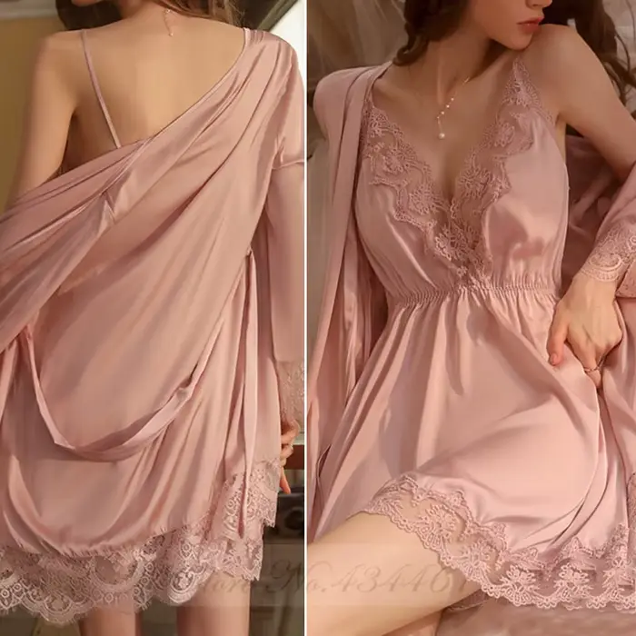 Burgundská čipka Kimono nočná košeľa, sexy nočná košeľa, Župan šaty, saténové nočné oblečenie, letné domáce oblečenie, relaxačné oblečenie, 2 kusy