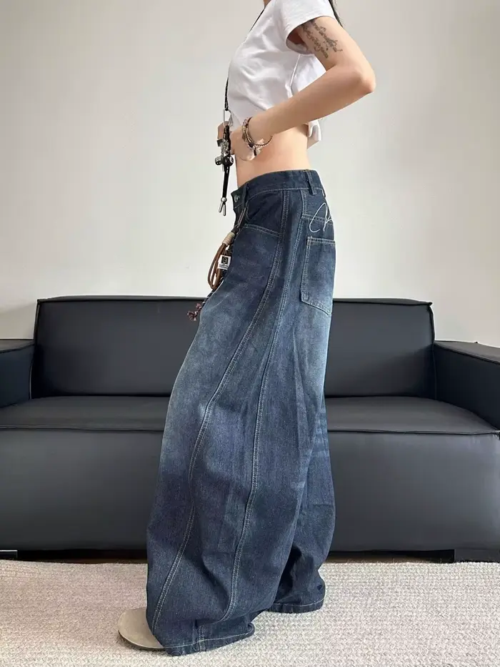 Jean Patchwork brodé pour femmes, élégant, Chic, Vintage, drapé délavé, Denim, droit, coupe ample, a