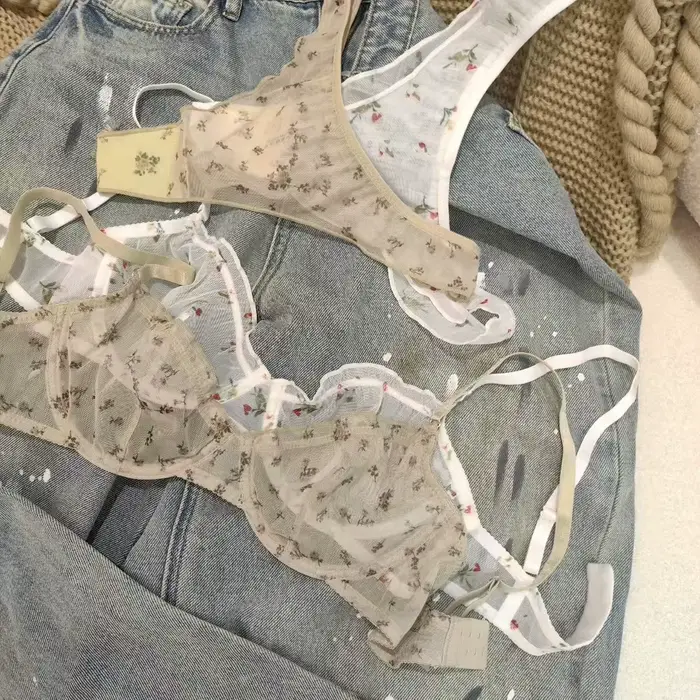 Dámske kvetinová tlač spodná bielizeň Set, Sexy čipka podprsenka, francúzština, ultra tenké, priedušné, intímne, mäkké spodné prádlo