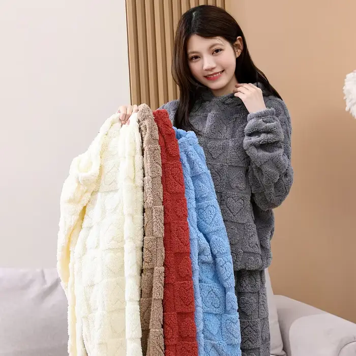 Dámske Fleece pyžamo Set, s kapucňou textúrou koralové Fleece ležérne oblečenie, dámy teplé 2-dielna Sleepwear