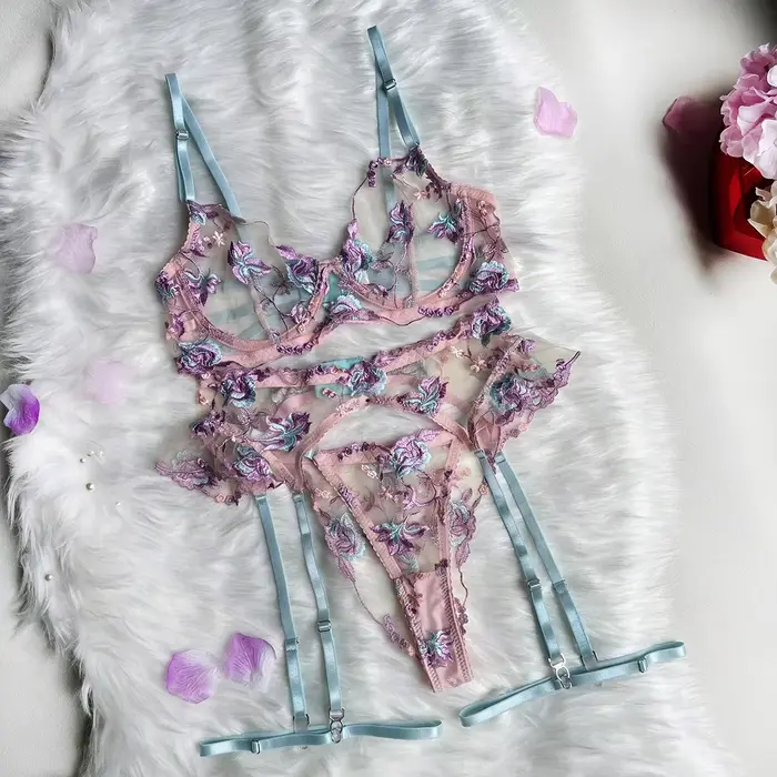 Lingerie féerique sexy, sous-vêtements transparents à fleurs, jarretière à volants, sous-vêtements d