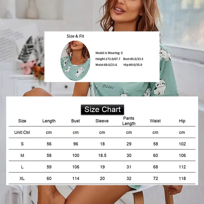 Štýlové dámske nočné pyžamo s krátkymi tlačenými vzormi a krátkymi rukávmi pre spánok a letnú relaxáciu