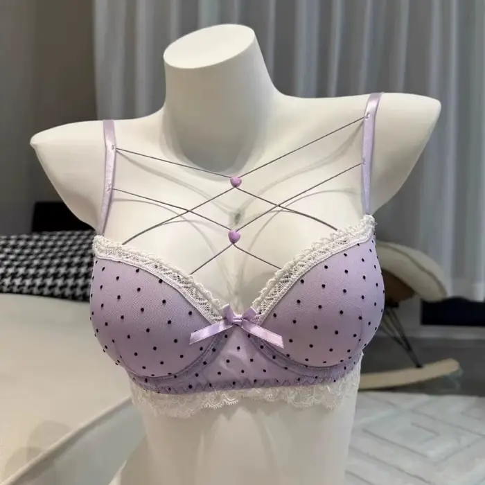 Čipka polka dot podprsenka a nohavičky set, s v tvare srdca uzly, sexy spodná bielizeň, push-up podprsenka pre ženu a dievča