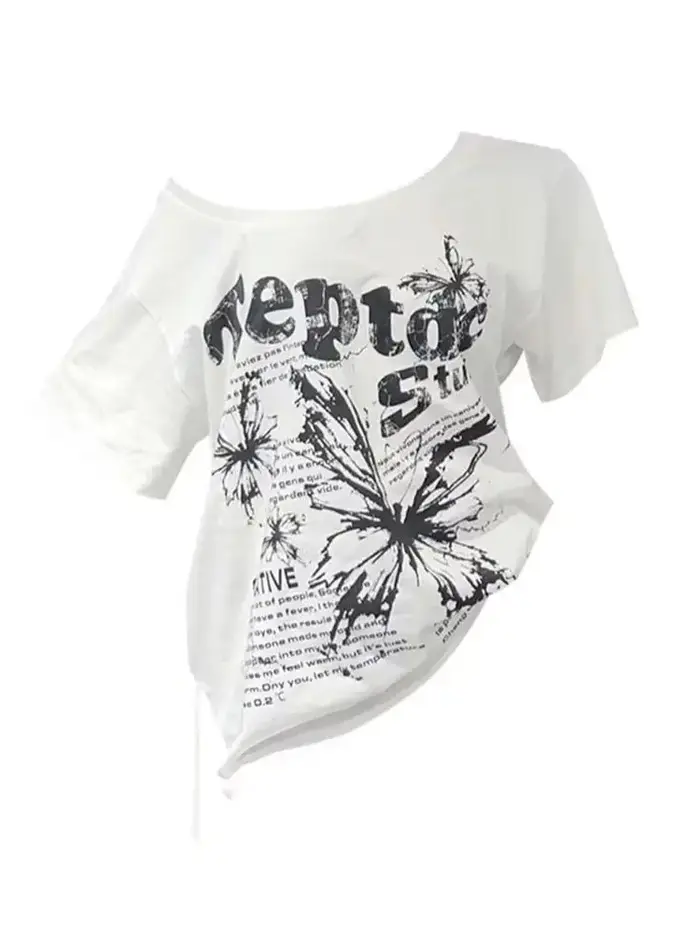 Biele 100% bavlnené Y2k vintage oversize off-shoulder tričko s krátkym rukávom s potlačou pre ženy