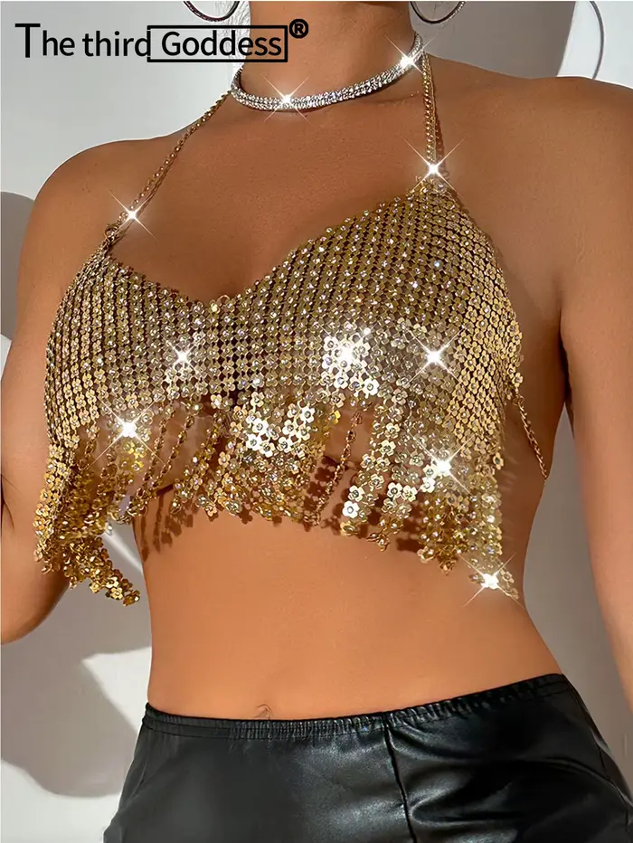 Crop top transparent en métal pour femmes, débardeur à sequins, licou d'été, Y2K Streetwear, Club Be