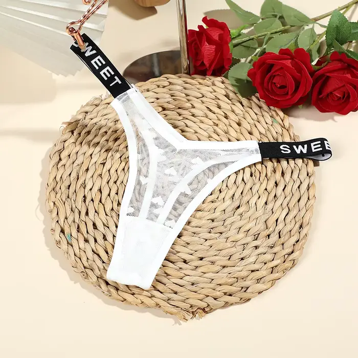 Culotte femme Sexy Transparent coeur Transparent string femme Ultra-mince sens femme sans couture taille basse maille lettre anglaise ceinture