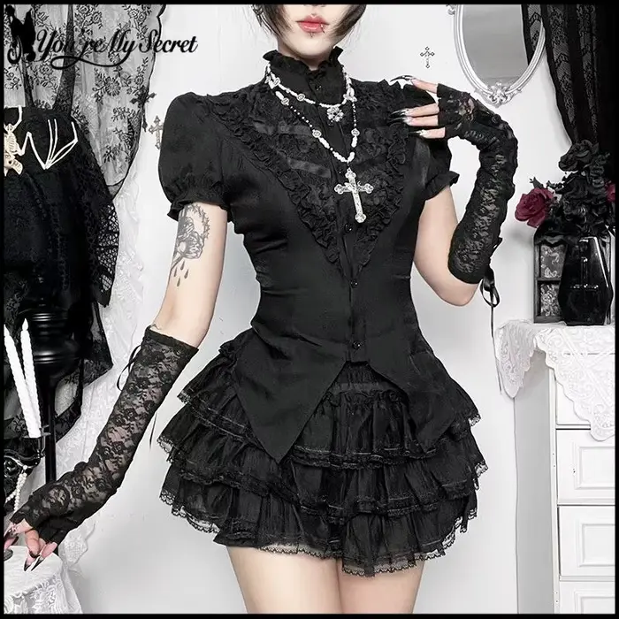 [You're My Secret] Mini-sukňa Čierna gotická sexy viacvrstvová skladaná čipka, štýl Lolita, dámsky outfit
