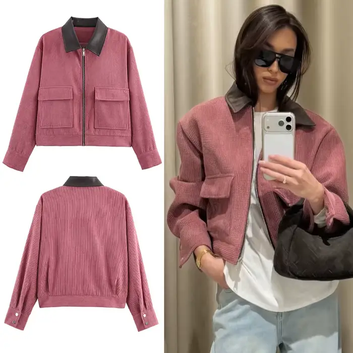 Veste décontractée rose SLTNX pour femme, coupe ample, style streetwear, avec fermeture éclair et po