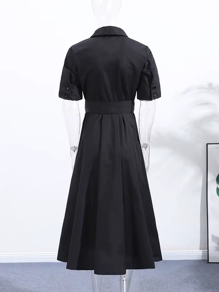 Nová elegantná čierna plisovaná dlhá šaty pre ženy s opaskom