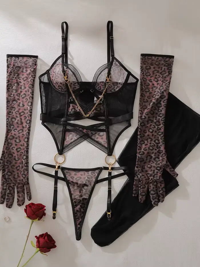 Sexy spodná bielizeň set priehľadný leopard vzor s elegantnými sieťovanými rukavicami, prelamované sochárske nočné oblečenie pre ženy