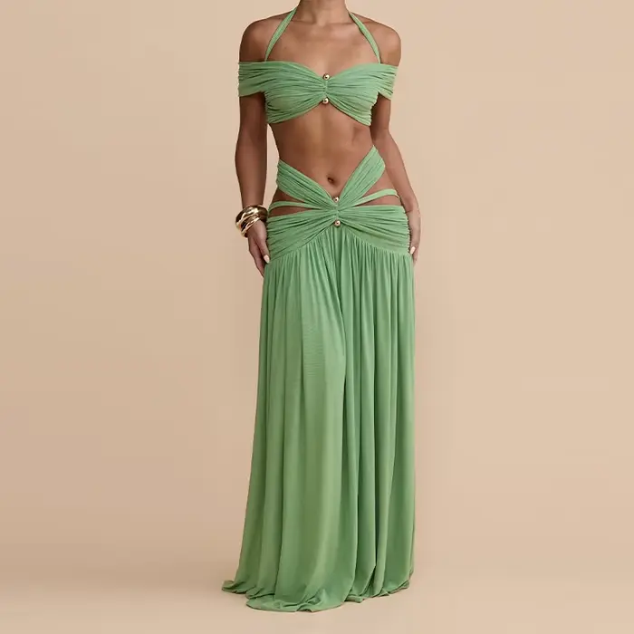Ensemble deux pièces élégant à sequins floraux pour femme : haut court asymétrique à une épaule + mi