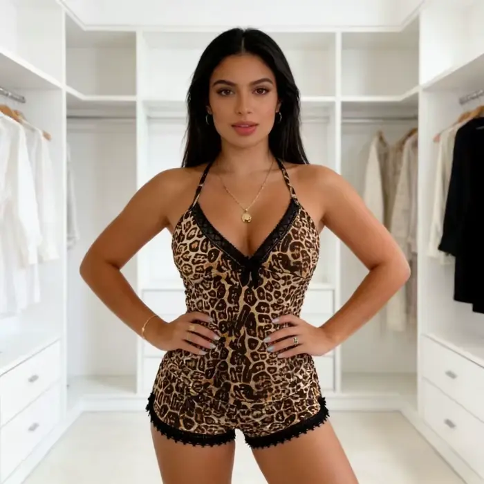 Sexy leopard-tlač bielizeň set s čipkou, 2-dielna bez rukávov top a šortky, mäkké dámske oblečenie na spanie, domáce ležérne oblečenie
