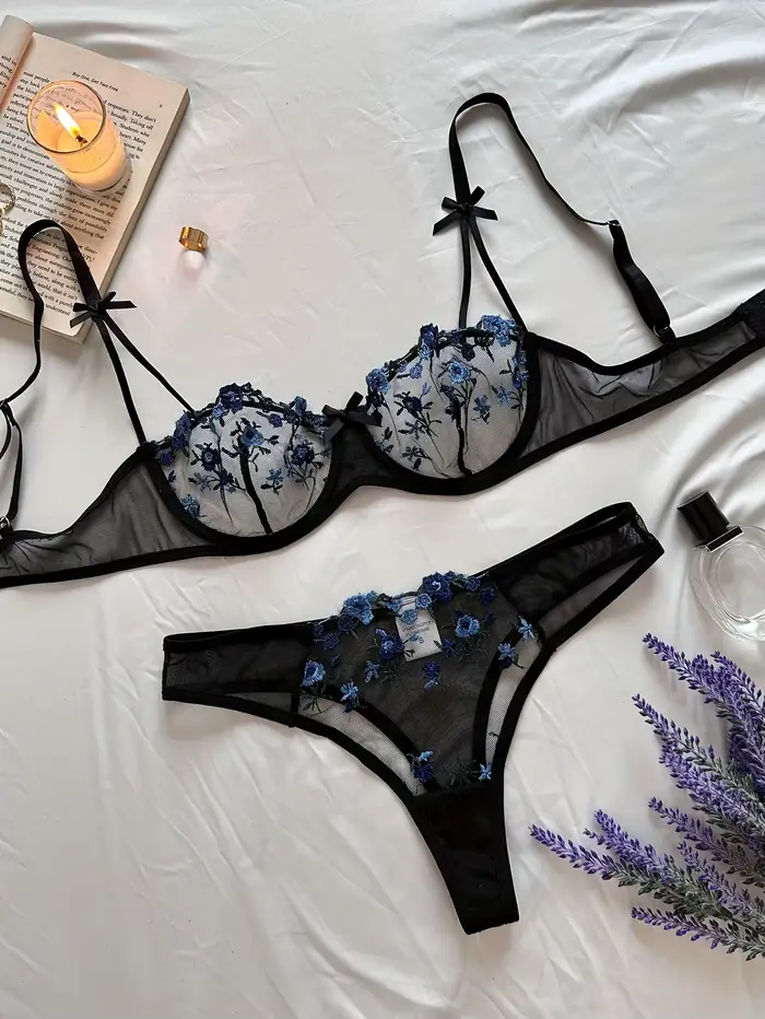 Noc krásnych žien Sexy 2-dielna sada s kvetinovou výšivkou