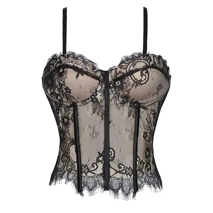 Corset pour femme noir à dentelle florale, bretelles fines réglables, dos en satin à lacets, deux op