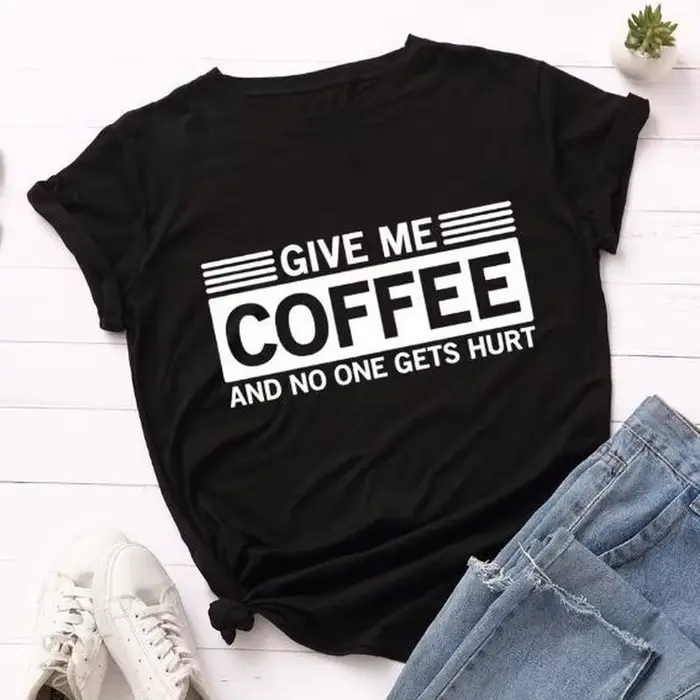 T-shirt manches courtes col rond pour femme, estival et estival, avec lettres imprimées "Give Me Cof