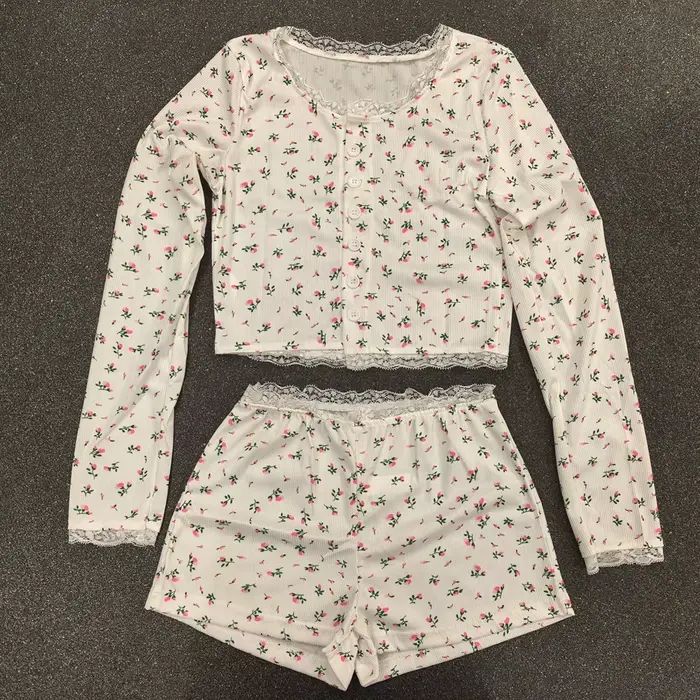 Ensemble pyjama sexy pour femmes, imprimé floral, doux et confortable, haut à manches longues et sho