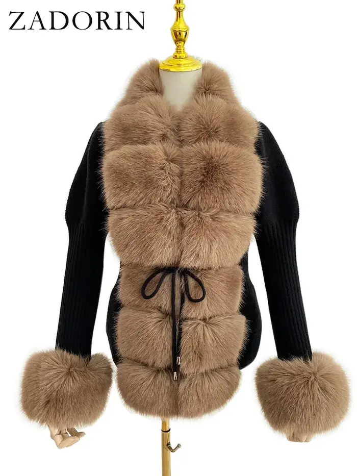 ZADORIN luxusný kožušinový cardigan pletený zimný sveter pre ženy elegantná odnímateľná kožušina opasok biela ružová