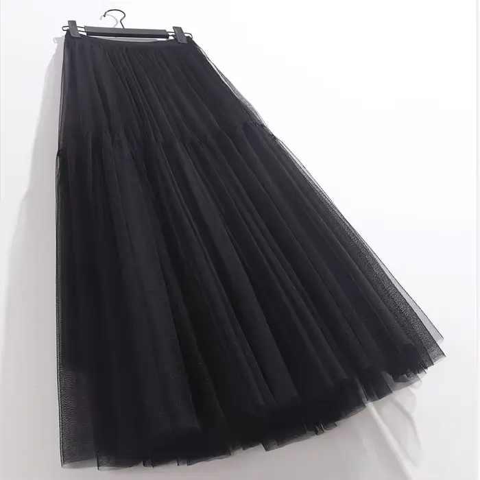 Jupes longues en tulle taille haute pour femmes, jupe tutu trapèze, vêtements en maille plissée pour