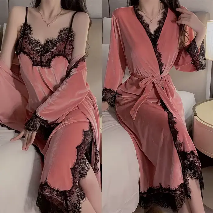 Dámsky teplý zamatový domáci odev ružový župan set Cami nočná bielizeň zima Šaty kostým voľnočasové oblečenie Sexy dlhá