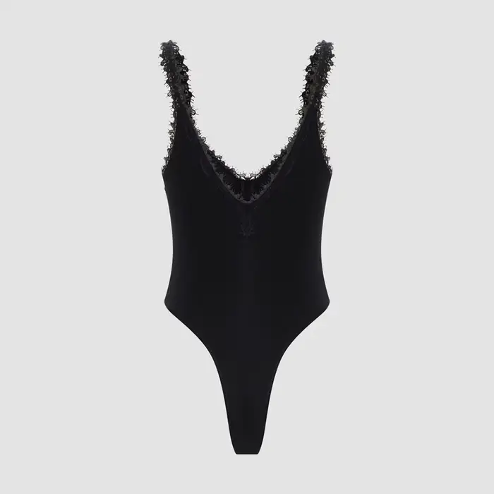 Body z viskózy a elastanu s V-neck a čipkou dekorácie pre ženy, elegantné a pohodlné pre všetky špeciálne príležitosti
