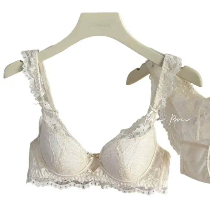 Ensemble de soutien-gorge en dentelle française pour filles, Anti-affaissement, anneau en acier doux, froncé, petite poitrine, Illusion de coton, bonnet 3/4, sangle fixe