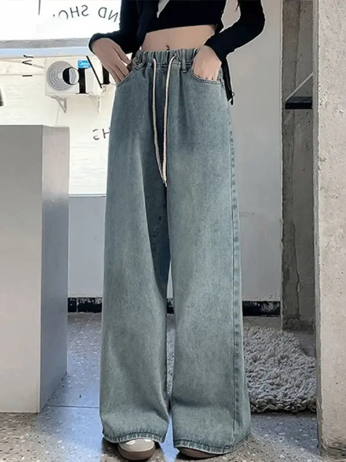 Botvotee vysoký pás široký strih džínsy pre ženy voľné rovné modré dlhé Denim nohavice