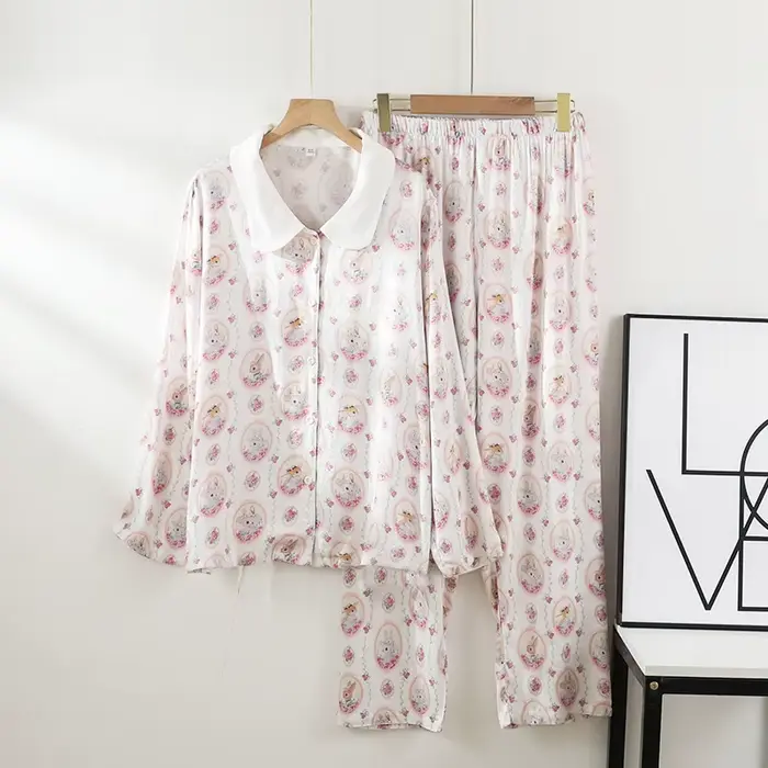 Pyjama Double gaze en coton 2025 pour femmes, col rabattu, vêtements de détente, pantalon fin à manc