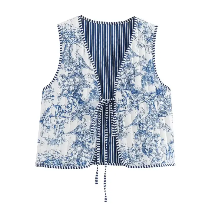 Gilet matelassé à lacets imprimé pour femme, Vintage, mode automne-hiver 2023, rétro, style national