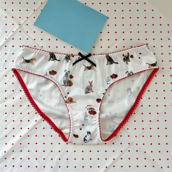 Lolita tlačené šteňatá a mačiatka, mačka Paw vzorované Ice hodvábne nohavičky, bavlnené nohavičky s bavlneným rozkrokom, Kawaii vzorované psie nohavičky pre dievča