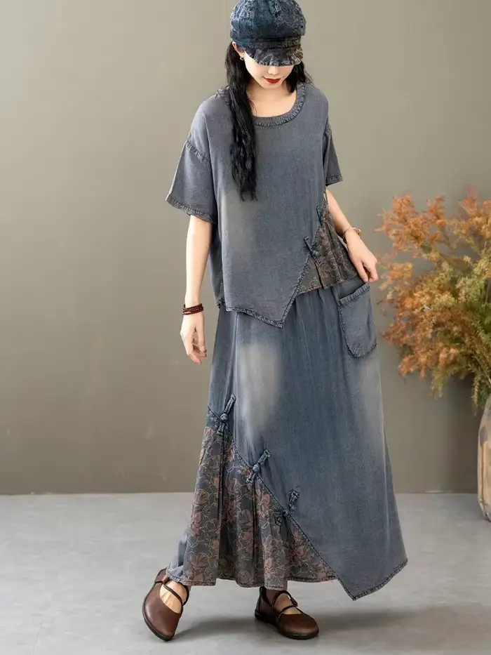 Letné dámske čínske 2-dielne súpravy ležérne potlačené Denim luxusné Vintage topy g