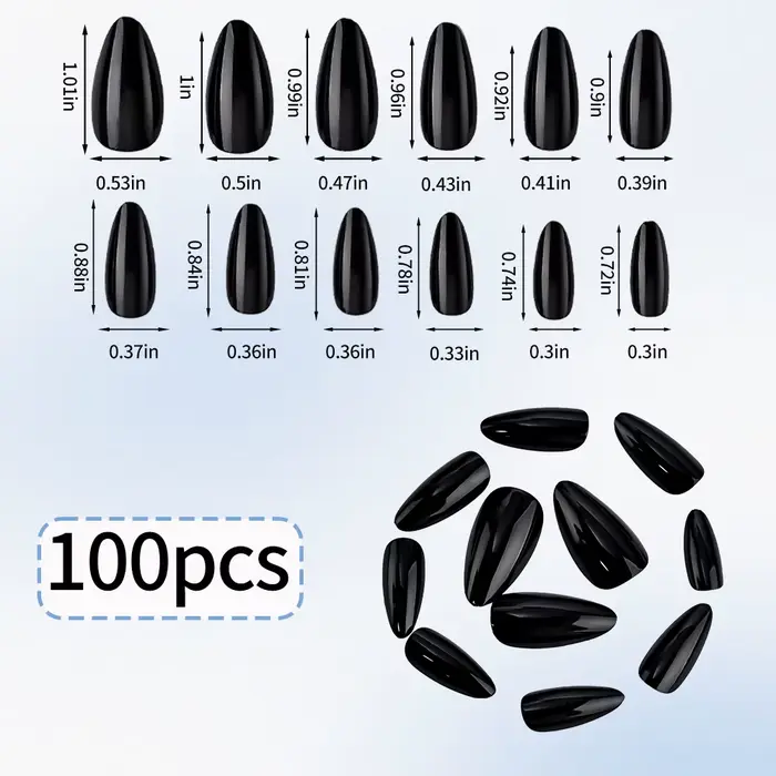 100 faux ongles en amande à presser, longueur moyenne, noirs mats, pour extension d'ongles artificie