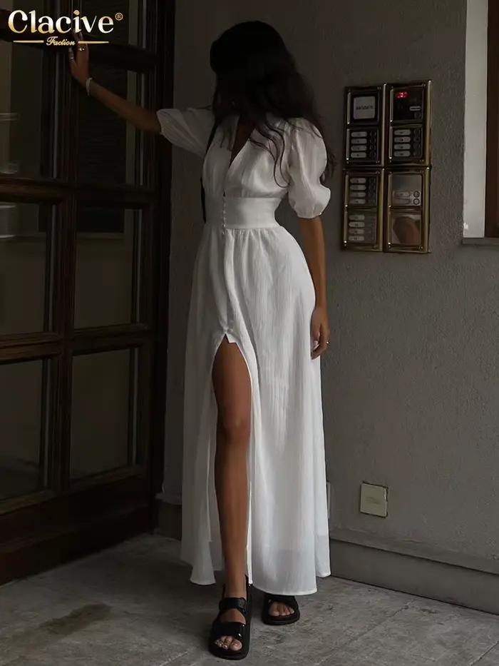 Clacive blanc Sexy simple boutonnage femmes robe 2022 élégant à manches courtes col en v robes de so