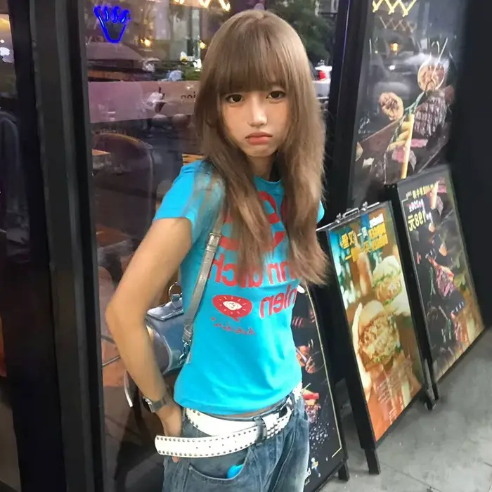Karrram japonais Y2k lettre impression T-shirt Trashy 2000s Style haut court Vintage Harajuku manche