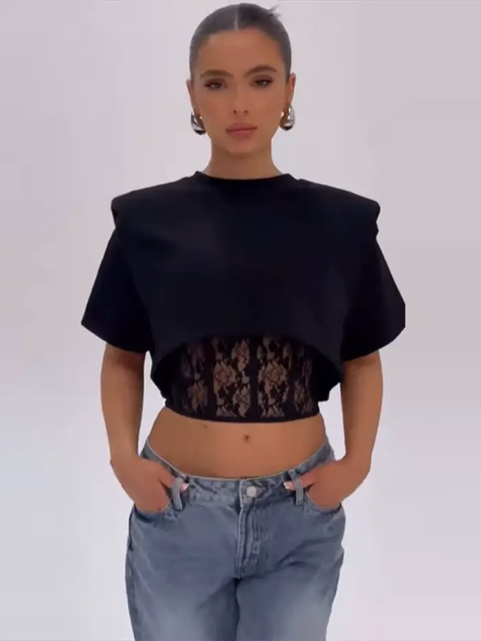 Sexy krátky polyesterový a ľanový top s tučnými detailmi pre špeciálne príležitosti a večierky pre ženy