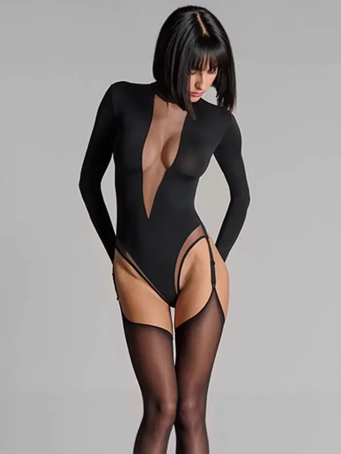Európske a americké Sexy pikantné dievča jednofarebné čipky s dlhým rukávom Bodysuit jar a jeseň Sexy ženy Slim Fit topy