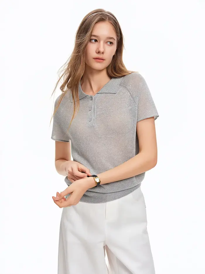 DUSHU Žena 【Letná elegancia】 Voľné tričko s polo golierom z úpletu