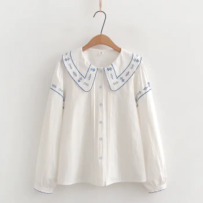Chemises brodées de fleurs en coton pour femmes, hauts à col à revers, manches longues, chemisiers a
