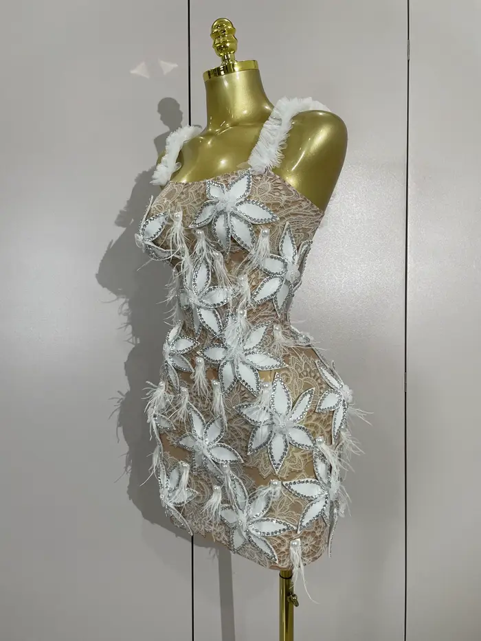 Sexy brillant diamant fleurs plumes blanc Transparent Slip robe courte soirée bal célébrer anniversa