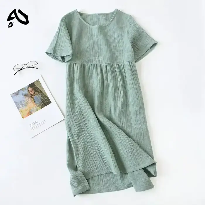 Robe d'été vintage originale 100 % coton gaze, col rond uni, courte ou longue, basique, pour femme, 