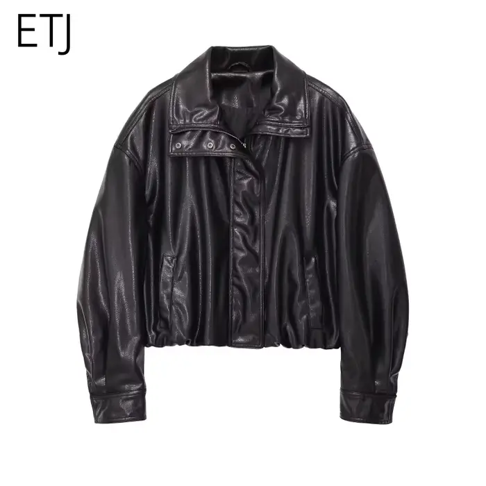 Nouvelle collection printemps 2026 ETJ pour femme - Manteau en similicuir moelleux à col montant et 