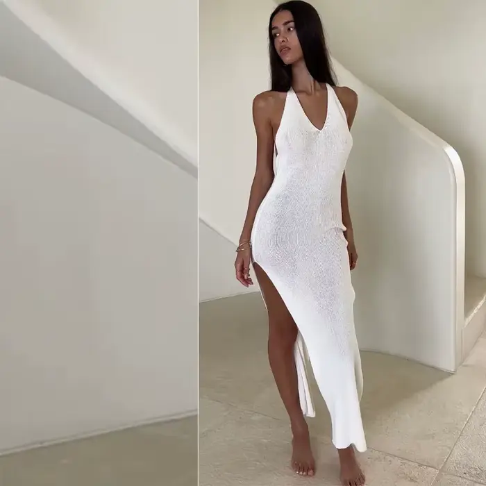 Letné plážové šaty, vysoká štrbina, jednofarebné, sviatočné šaty, Sexy, pletené, bez chrbta, golier, elegantný, bez rukávov, tesný, na kravatu
