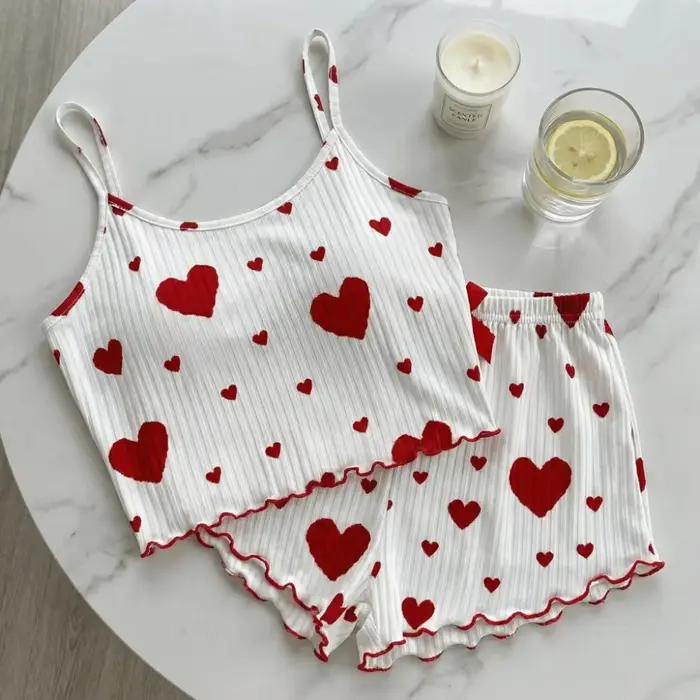 Móda Love Heart dámske pyžamo set, domáce oblečenie, dvojdielne letné pyžamo, luk, košieľka, šortky, pyžamo pre dievča