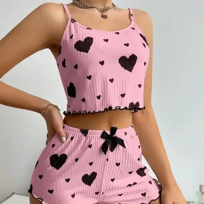 Móda Love Heart dámske pyžamo set, domáce oblečenie, dvojdielne letné pyžamo, luk, košieľka, šortky, pyžamo pre dievča
